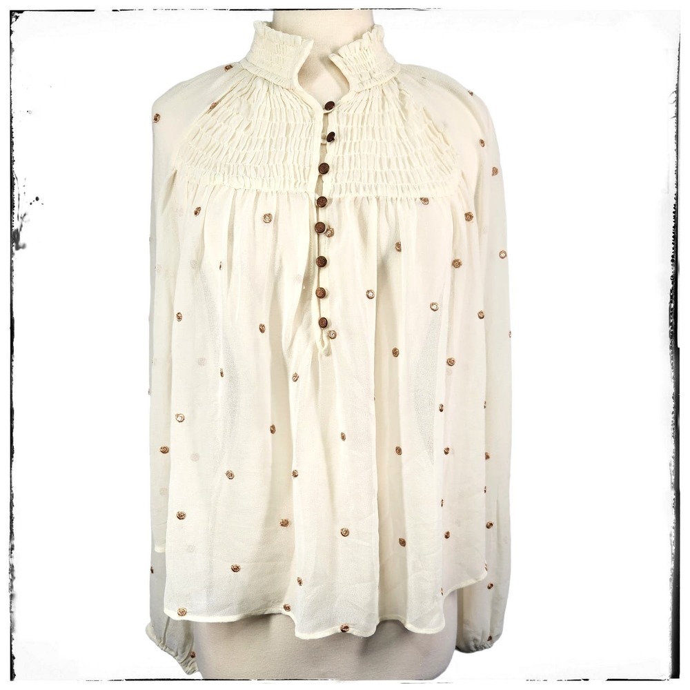 Free People High Neck Cream & Embroidered Rose Gold Dot Sheer High low Top XS